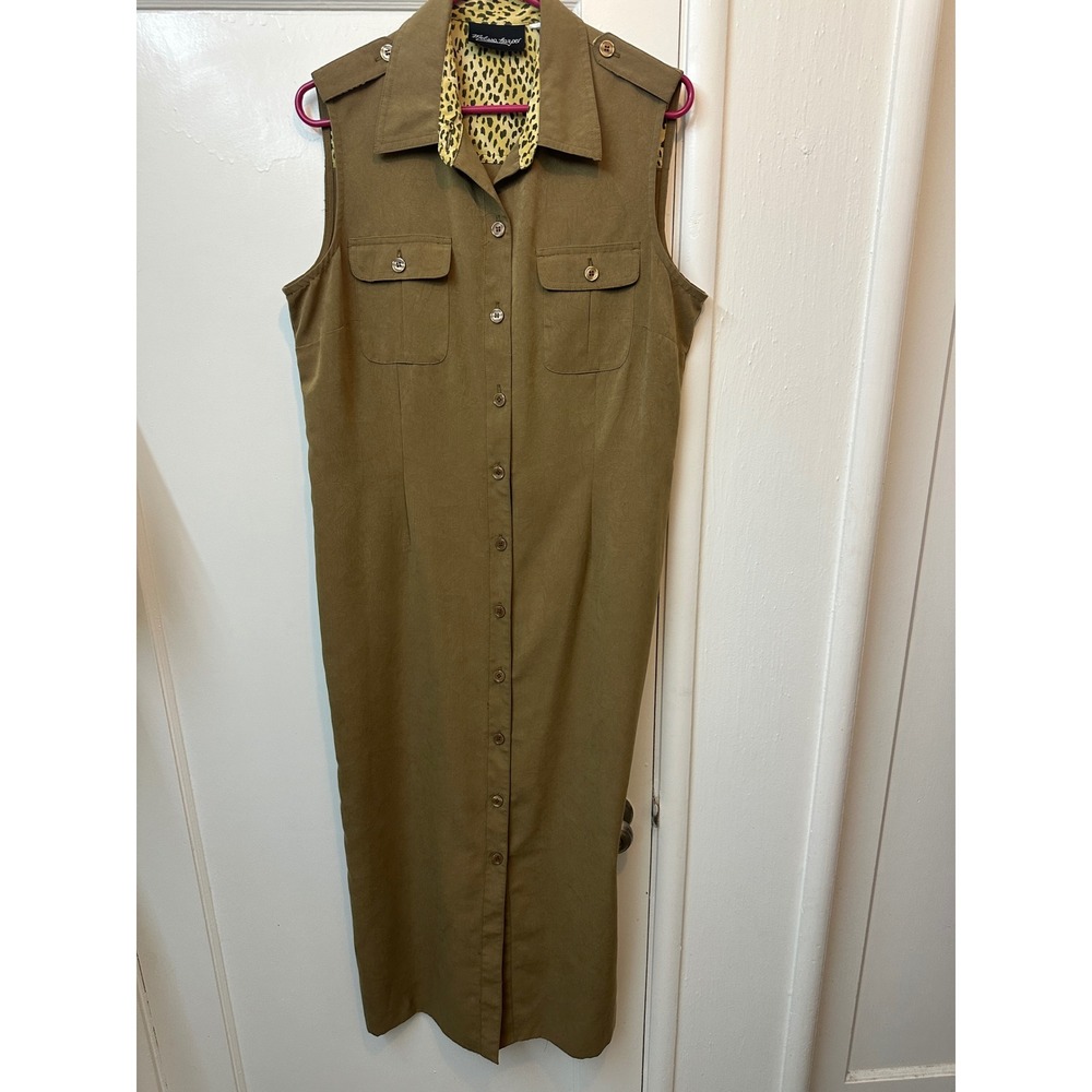 Melissa Harper Olive Green Utility Maxi Shirt Dress Sleeveless Leopard Trim 54"